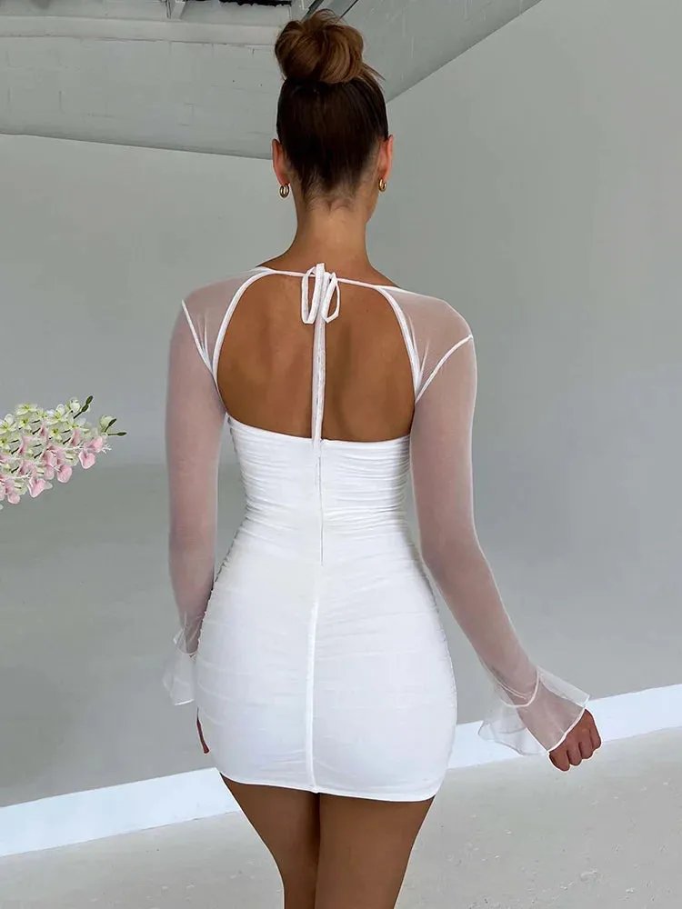 Amozae-hoco dresses -A Elegant Backless Sexy Mini Dress For Women Robe Two Layer Mesh Full Sleeve Zipper Bodycon Party Short Dress Vestido