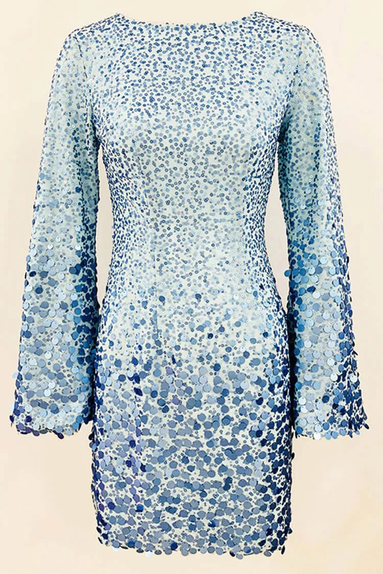 Amozae-hoco dresses -Sparkly Round Neck Long Sleeve Bodycon Sequin Party Mini Dress - Blue