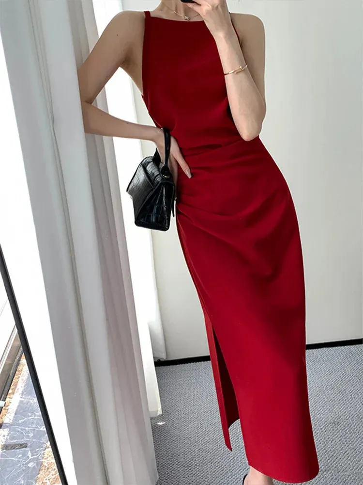 Amozae-Korean Summer Elegant Slim Red Sleeveless Midi Dress Office Lady Fashion Spaghetti Straps Bodycon Split Clothes Women Vestidos