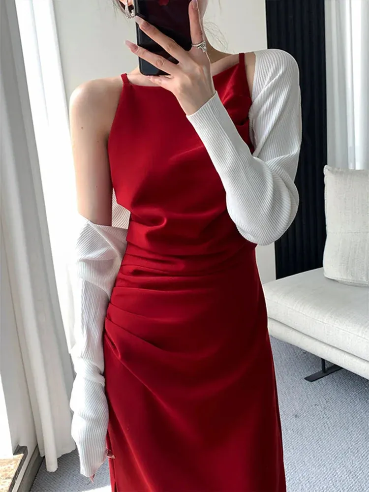 Amozae-Korean Summer Elegant Slim Red Sleeveless Midi Dress Office Lady Fashion Spaghetti Straps Bodycon Split Clothes Women Vestidos