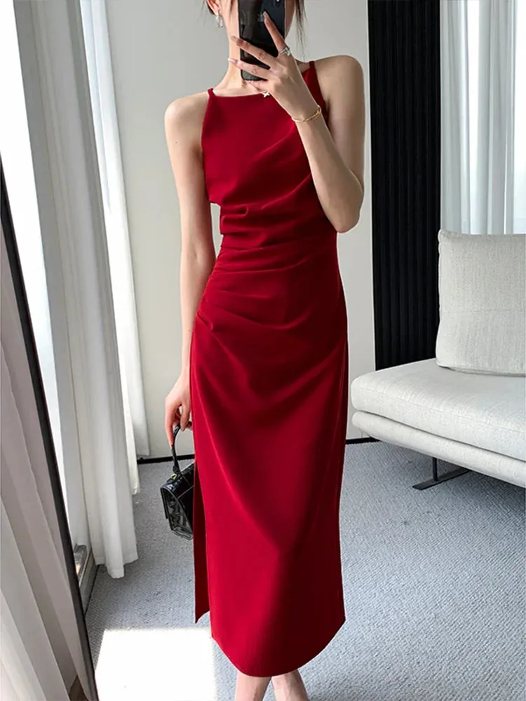 Amozae-Korean Summer Elegant Slim Red Sleeveless Midi Dress Office Lady Fashion Spaghetti Straps Bodycon Split Clothes Women Vestidos