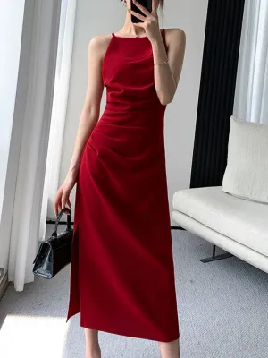 Amozae-Korean Summer Elegant Slim Red Sleeveless Midi Dress Office Lady Fashion Spaghetti Straps Bodycon Split Clothes Women Vestidos