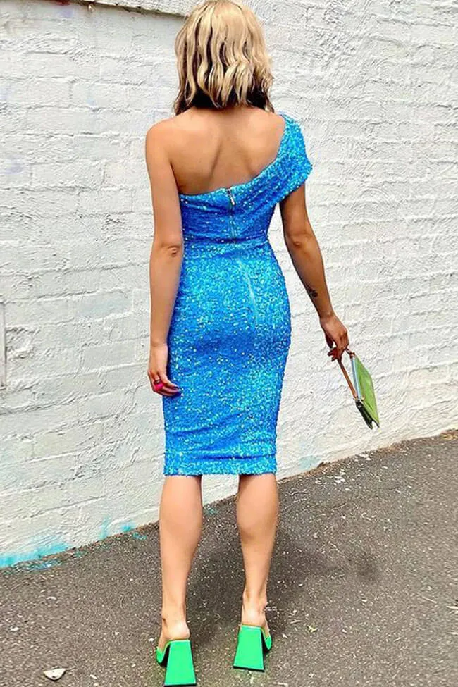 Amozae-Sparkly One Shoulder Bodycon Velvet Sequin Midi Dress - Blue