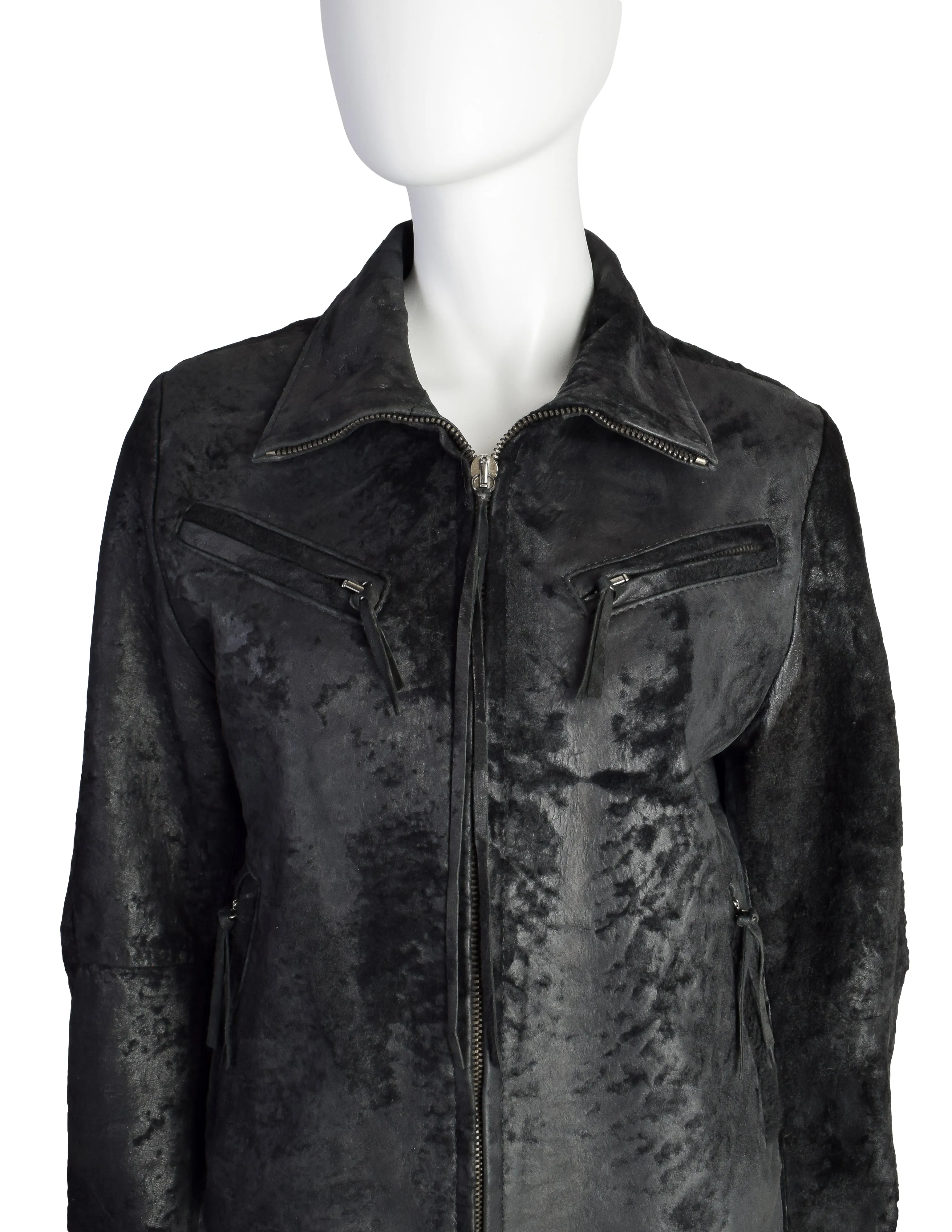 Ann Demeulemeester Vintage AW 2002 Black Patinated Raw Leather Cafe Racer Jacket