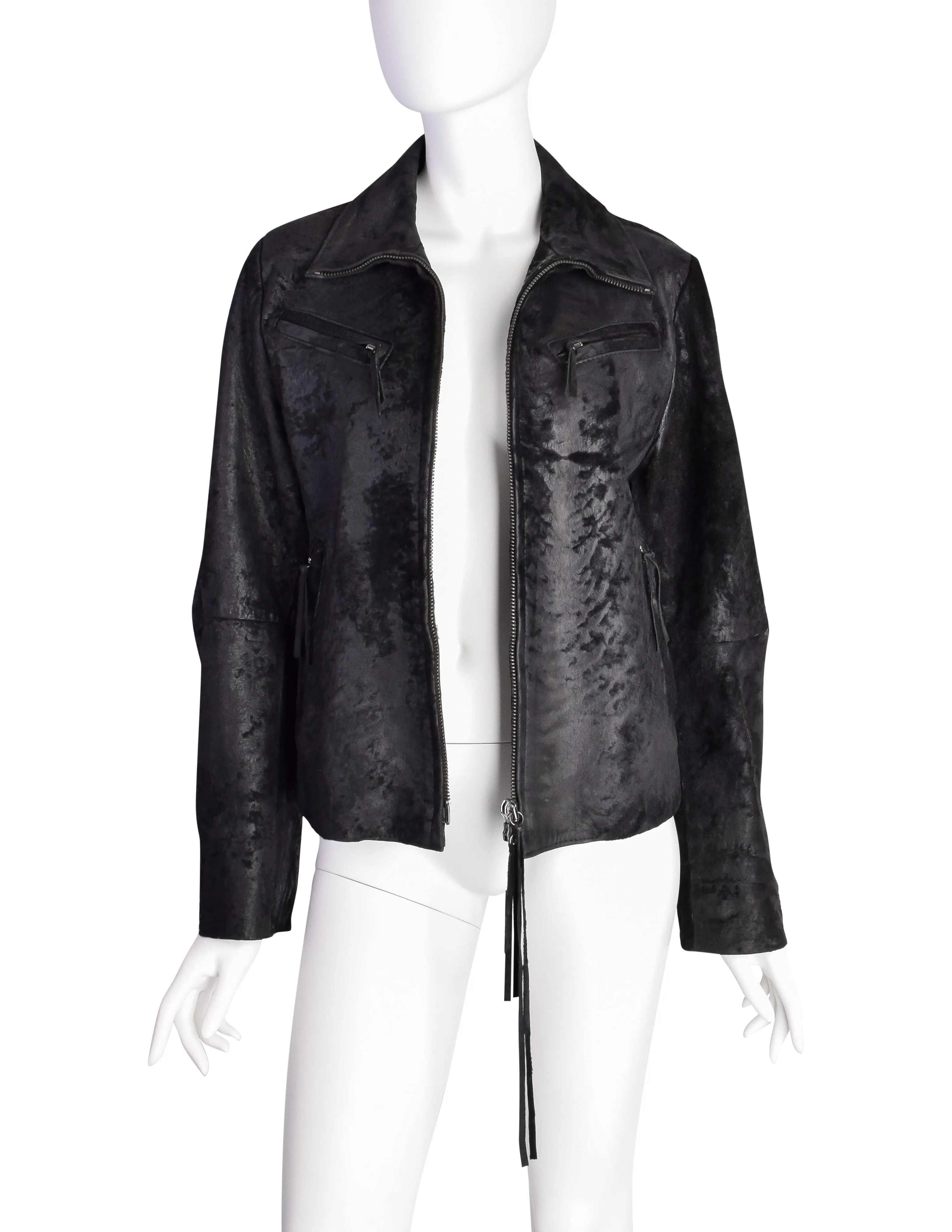 Ann Demeulemeester Vintage AW 2002 Black Patinated Raw Leather Cafe Racer Jacket