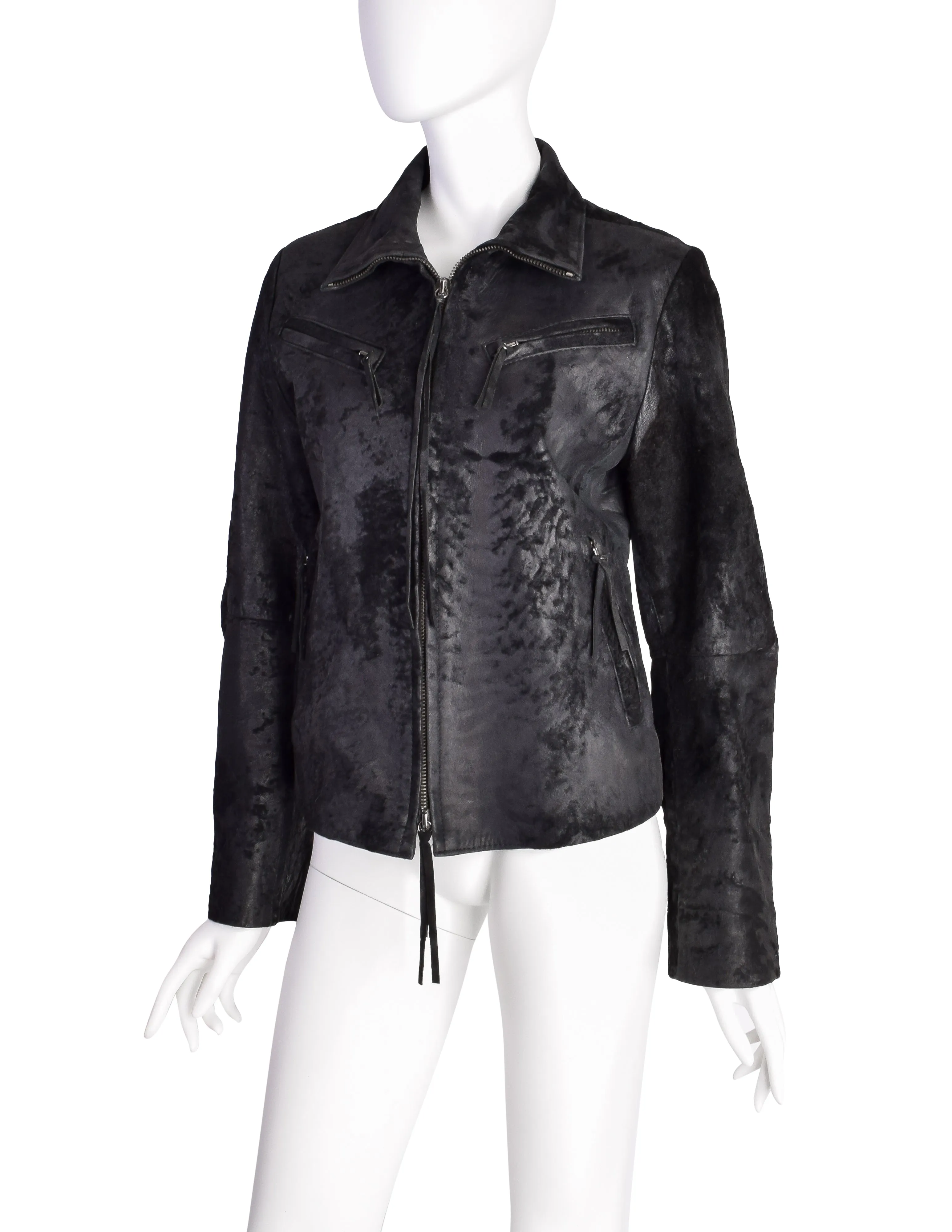 Ann Demeulemeester Vintage AW 2002 Black Patinated Raw Leather Cafe Racer Jacket