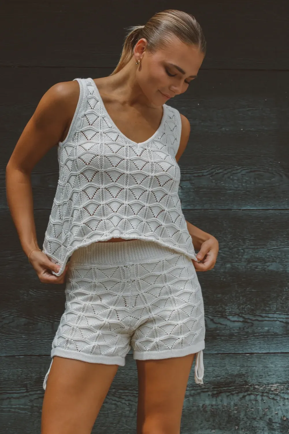 AS YOU ARE NEUTRAL CROCHET SHORT SET