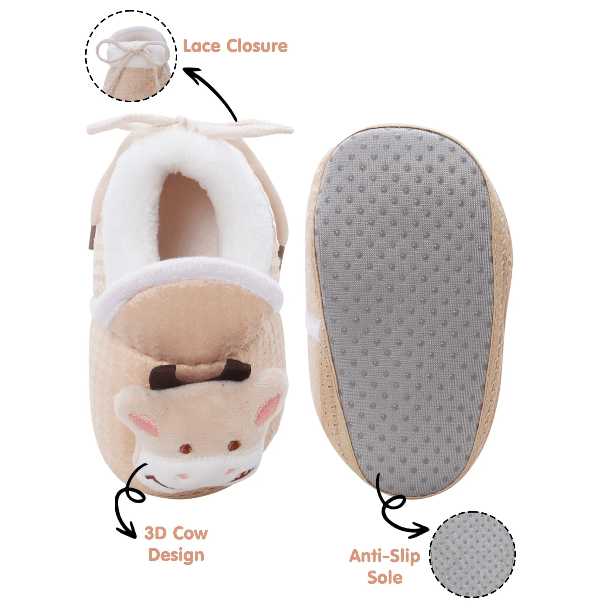 Baby Moo 3D Cow Soft Slip-On Anti-Skid Plush Warm Booties - Beige