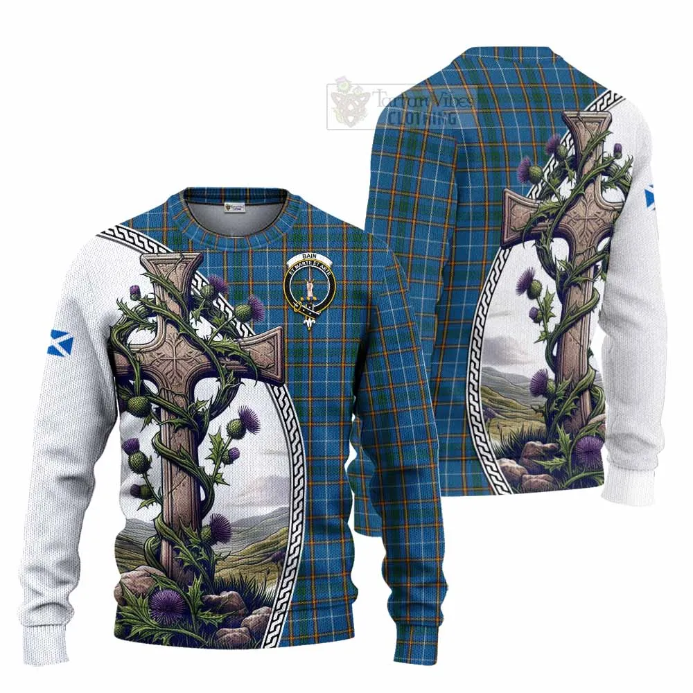 Bain Tartan Knitted Sweater with Family Crest and St. Andrew's Cross Accented by Thistle Vines