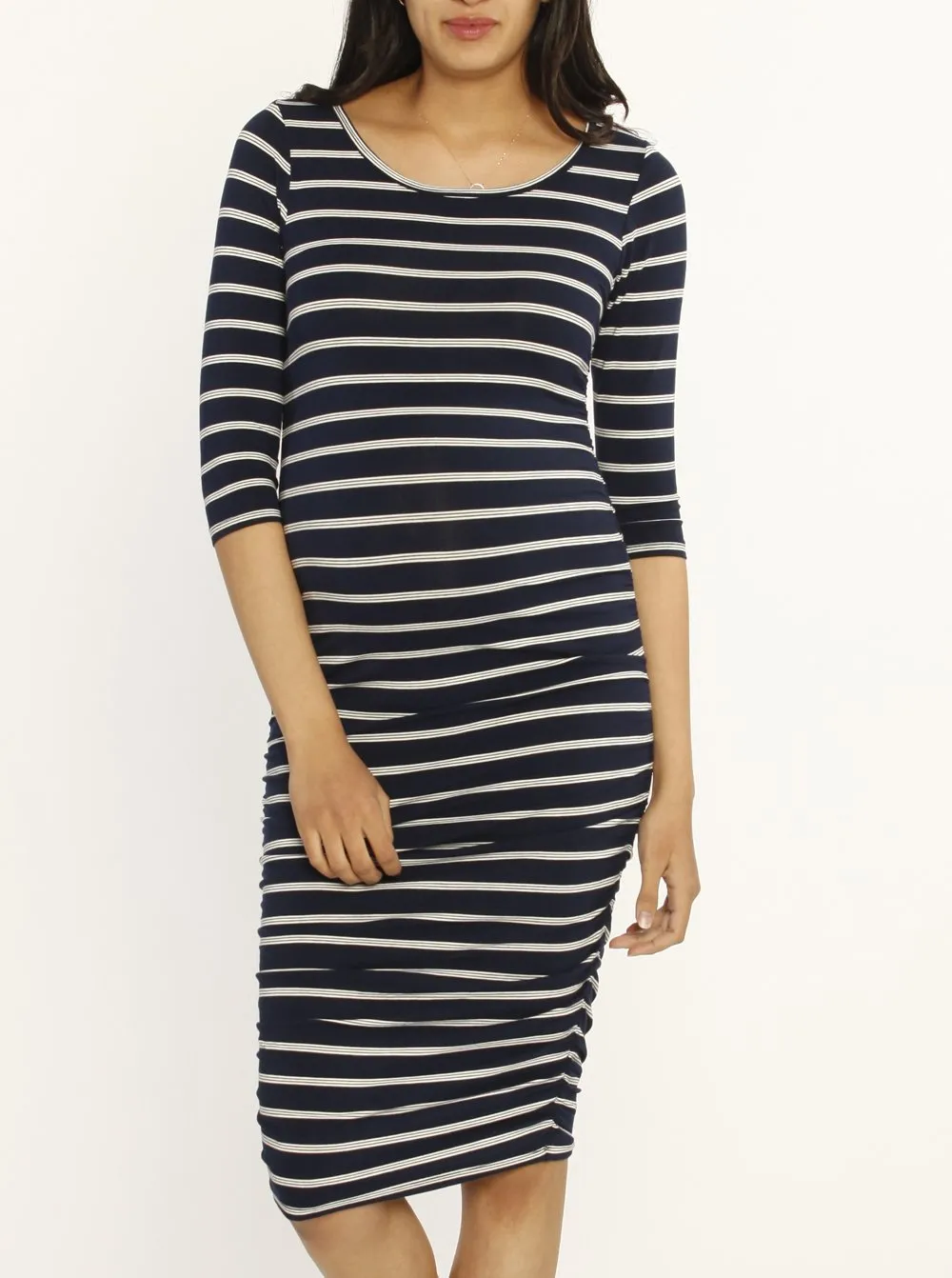 Bamboo Story Body Hugging Maternity Dress - Navy Stripes