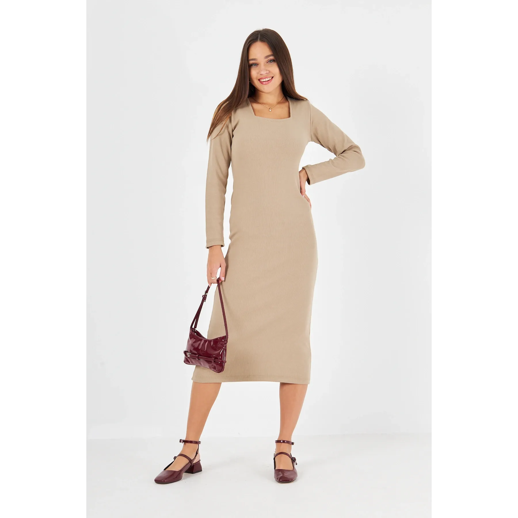 Beige Square Neck Bodycon Dress