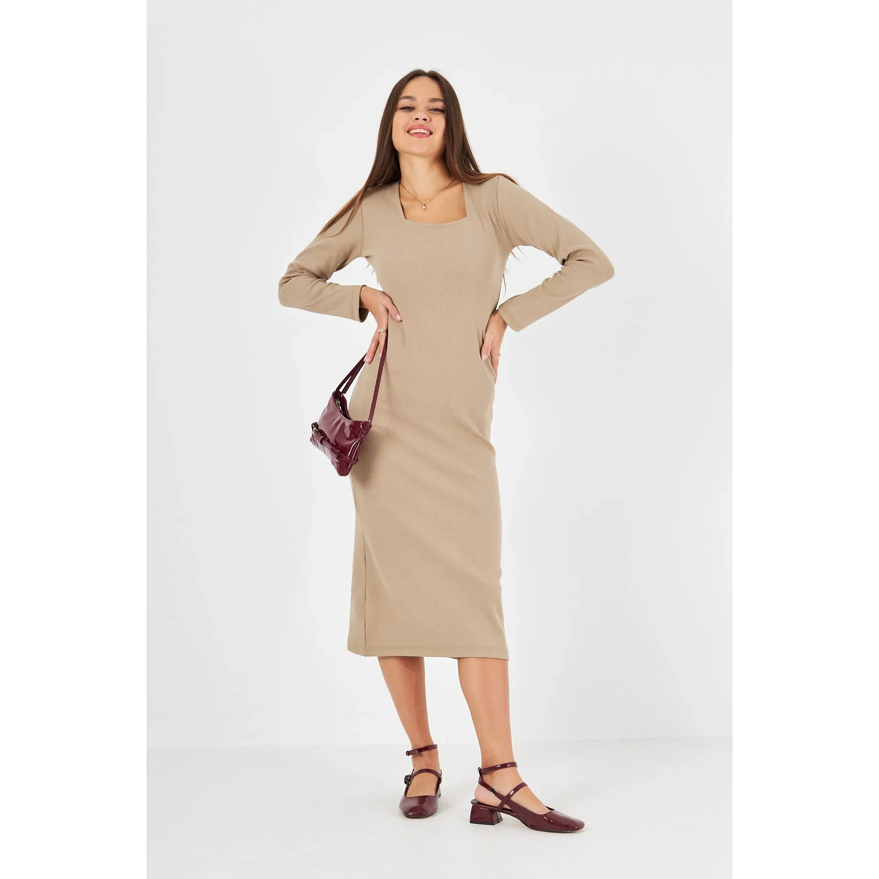 Beige Square Neck Bodycon Dress