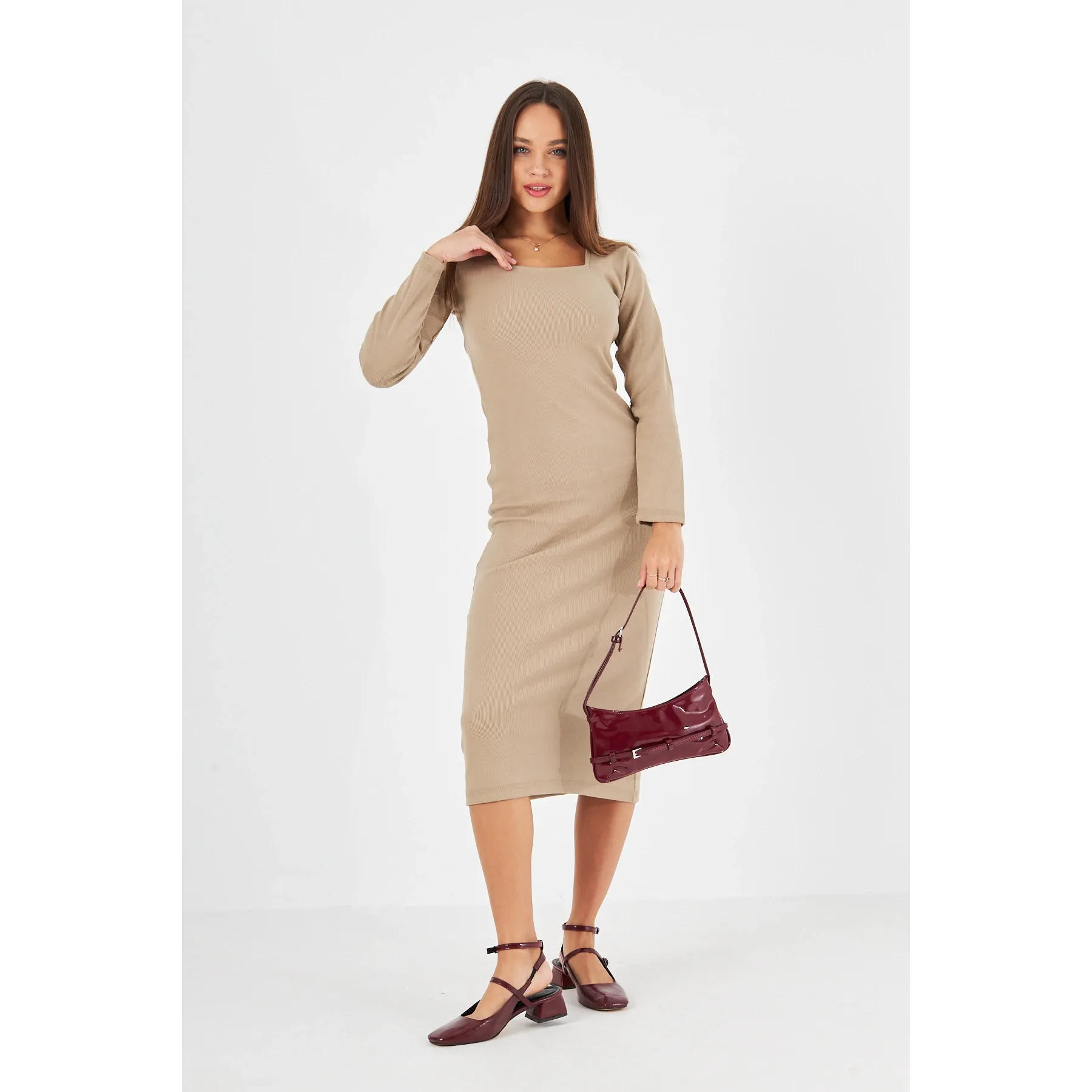 Beige Square Neck Bodycon Dress