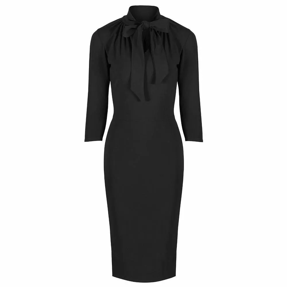 Black 3/4 Sleeve Tie Neck Bodycon Pencil Dress