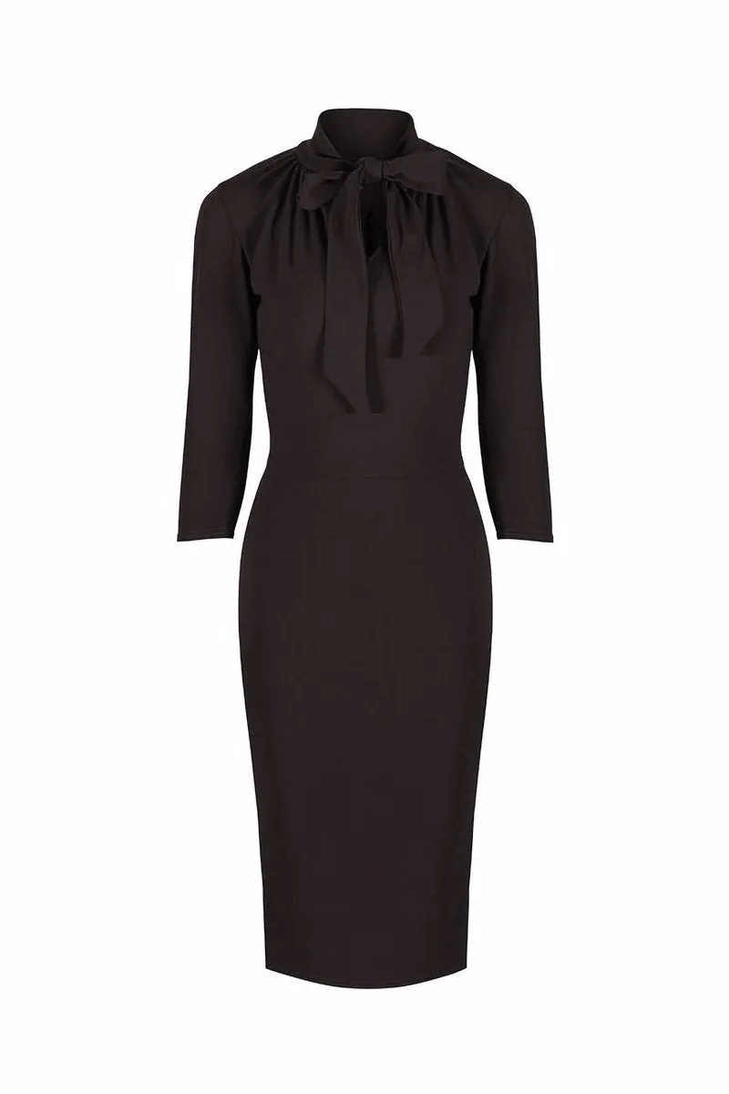 Black 3/4 Sleeve Tie Neck Bodycon Pencil Dress