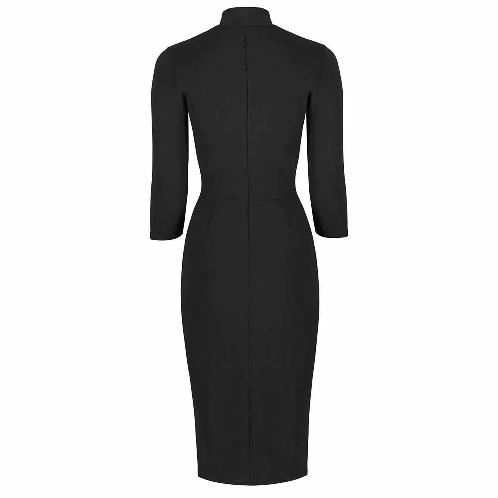 Black 3/4 Sleeve Tie Neck Bodycon Pencil Dress