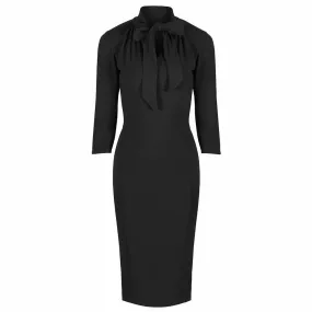 Black 3/4 Sleeve Tie Neck Bodycon Pencil Dress