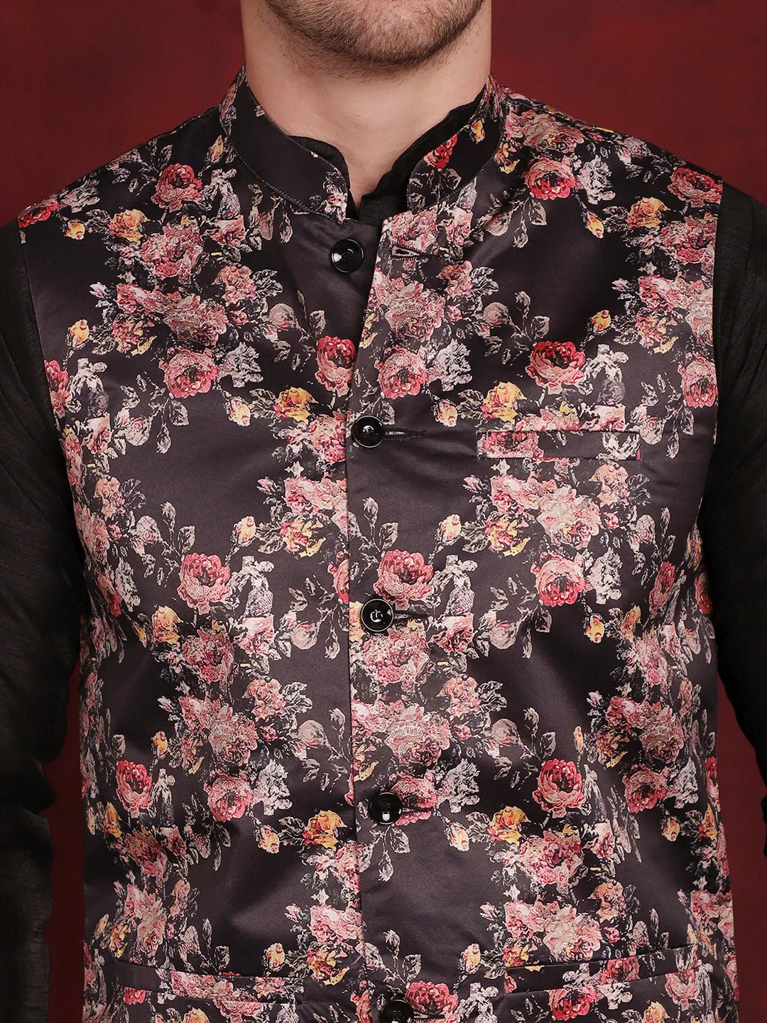 Black Floral Printed Nehru Jacket With Kurta Pyjama Set