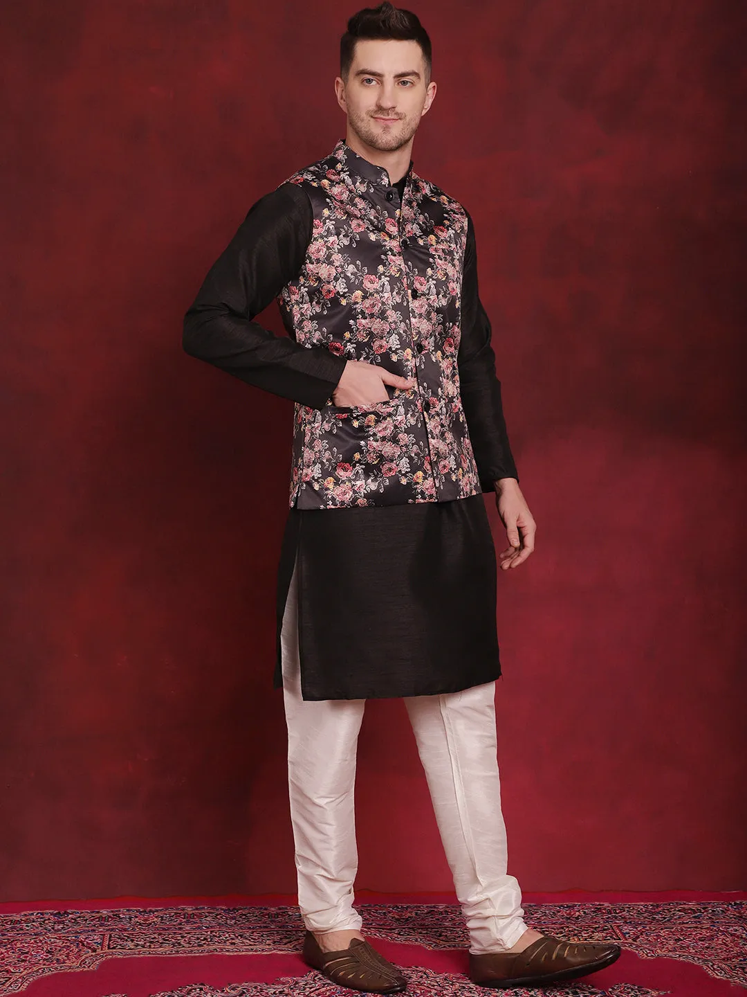 Black Floral Printed Nehru Jacket With Kurta Pyjama Set