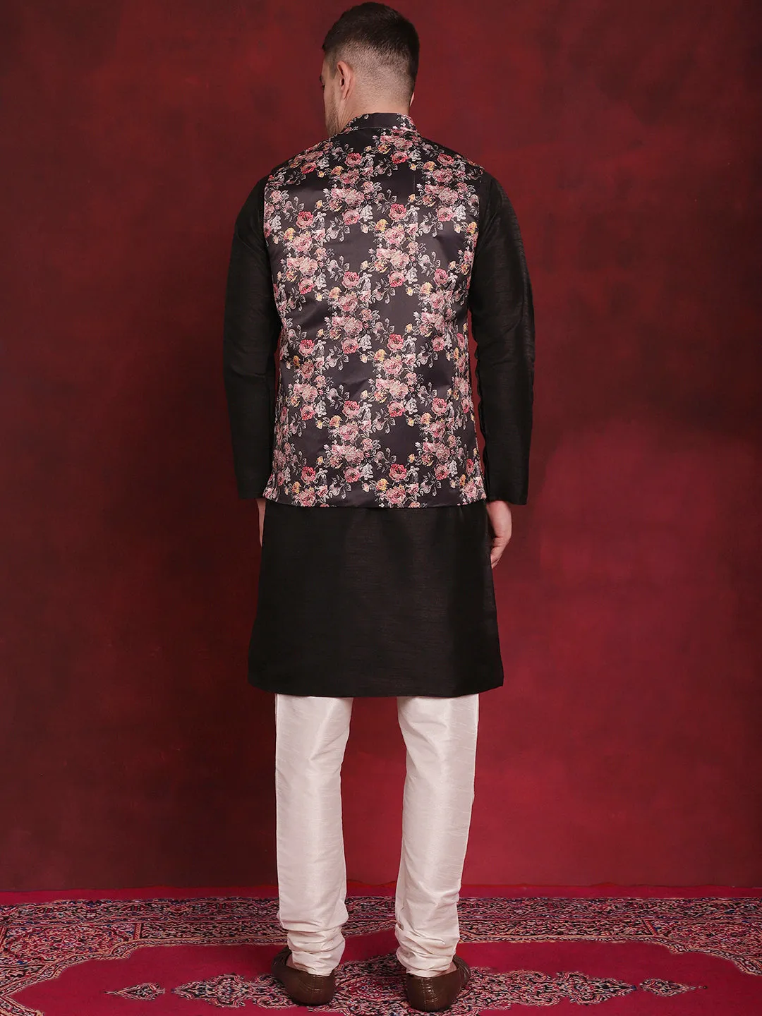 Black Floral Printed Nehru Jacket With Kurta Pyjama Set