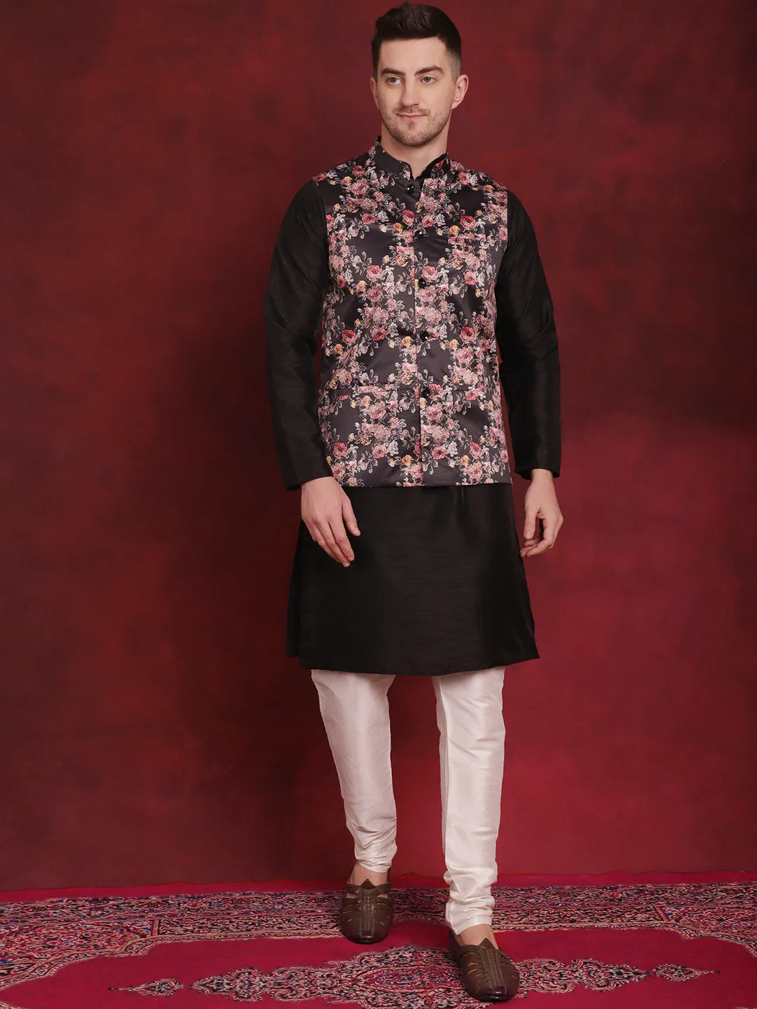 Black Floral Printed Nehru Jacket With Kurta Pyjama Set