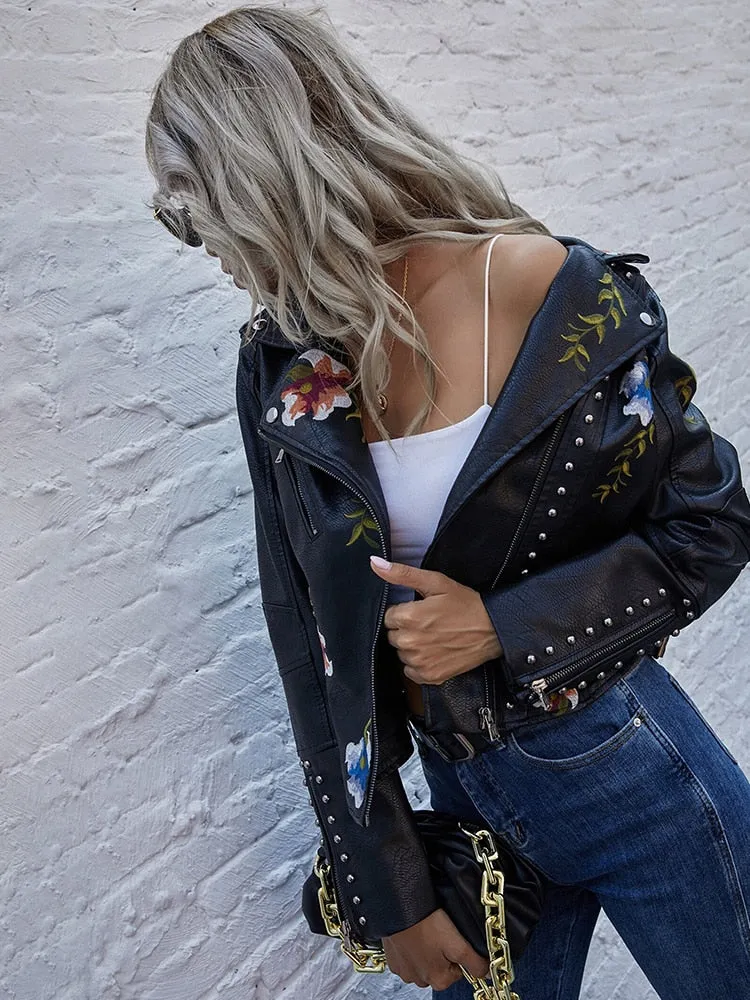 Black Friday Sales Women Retro Floral Print Embroidery Faux Soft Leather Jacket Coat Streetwear Rivet Pu Moto Biker Black Punk Outerwear