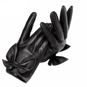 Black Leather Bow Tie Wrist Gloves