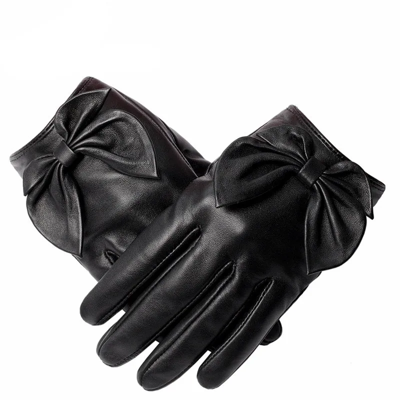 Black Leather Bow Tie Wrist Gloves