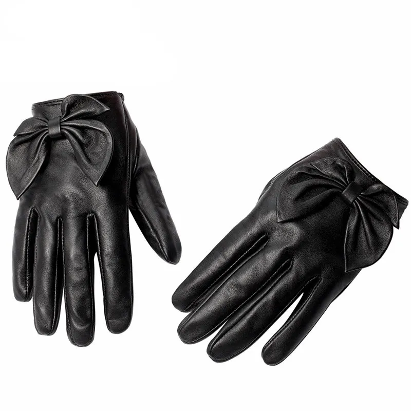 Black Leather Bow Tie Wrist Gloves