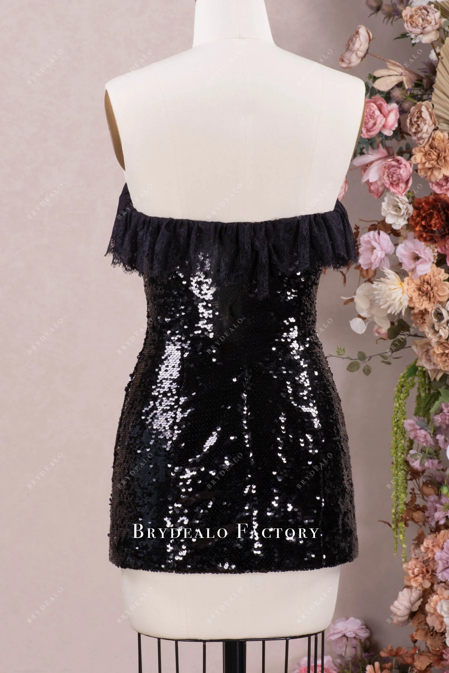 Black Ruffled Lace Straight Across Neck Sequin Mini Dress