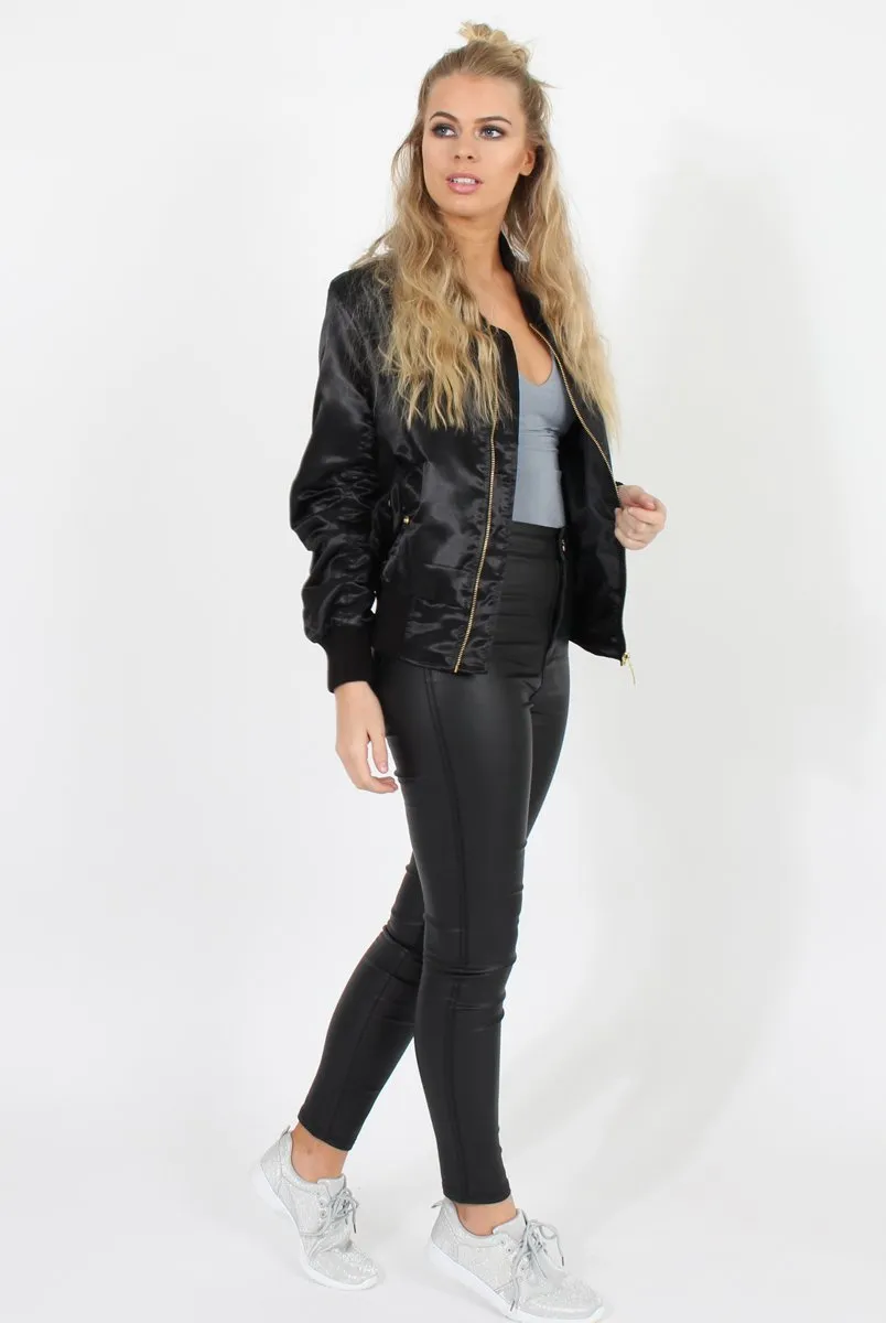 Black Satin Bomber Jacket - Neve