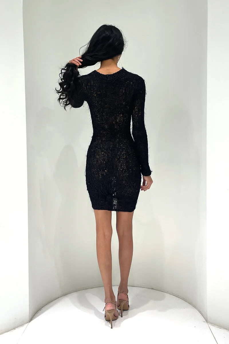 BLACK SILK LONG SLEEVE MINI DRESS