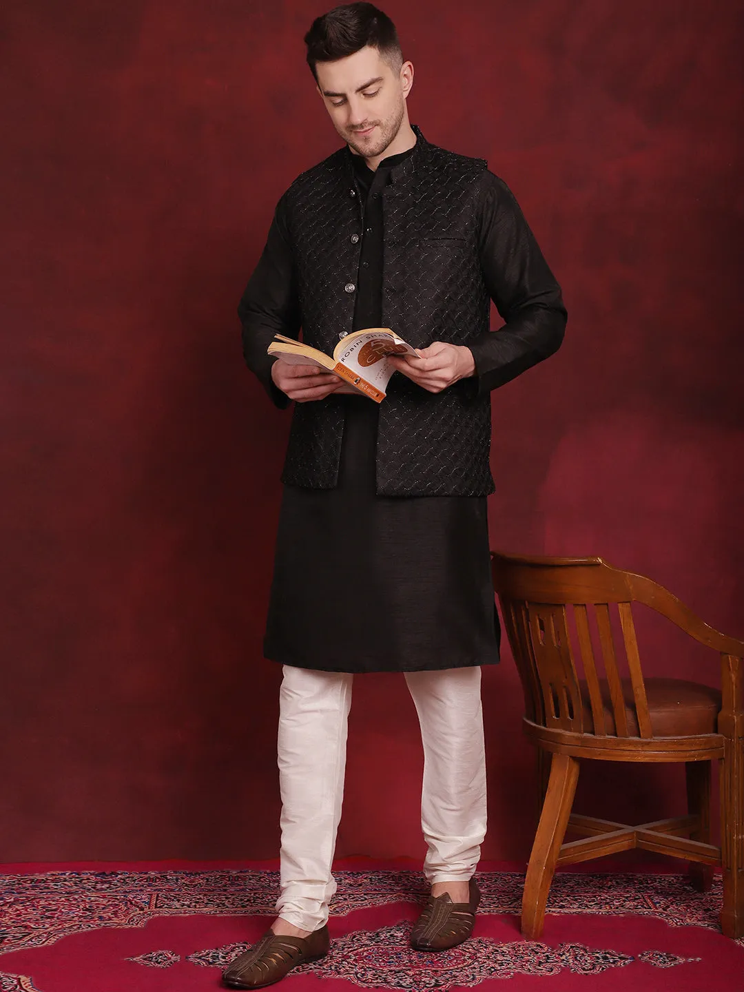 Black Woven Design Nehru Jacket With Kurta Pyjama Set