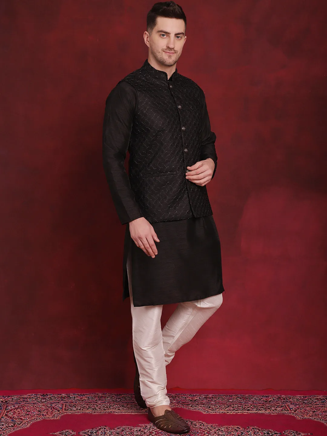 Black Woven Design Nehru Jacket With Kurta Pyjama Set