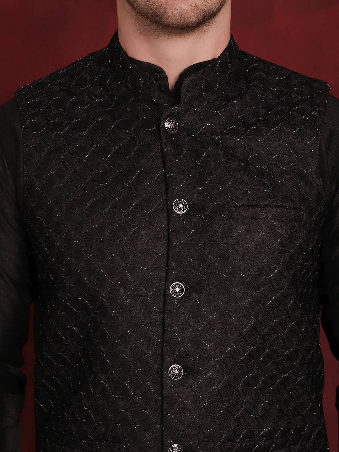 Black Woven Design Nehru Jacket With Kurta Pyjama Set