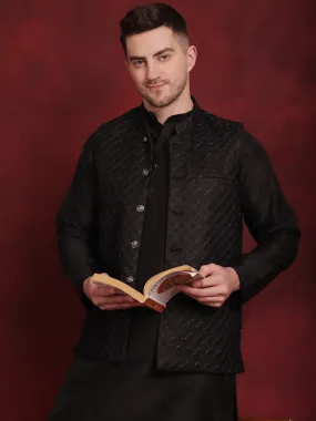 Black Woven Design Nehru Jacket With Kurta Pyjama Set