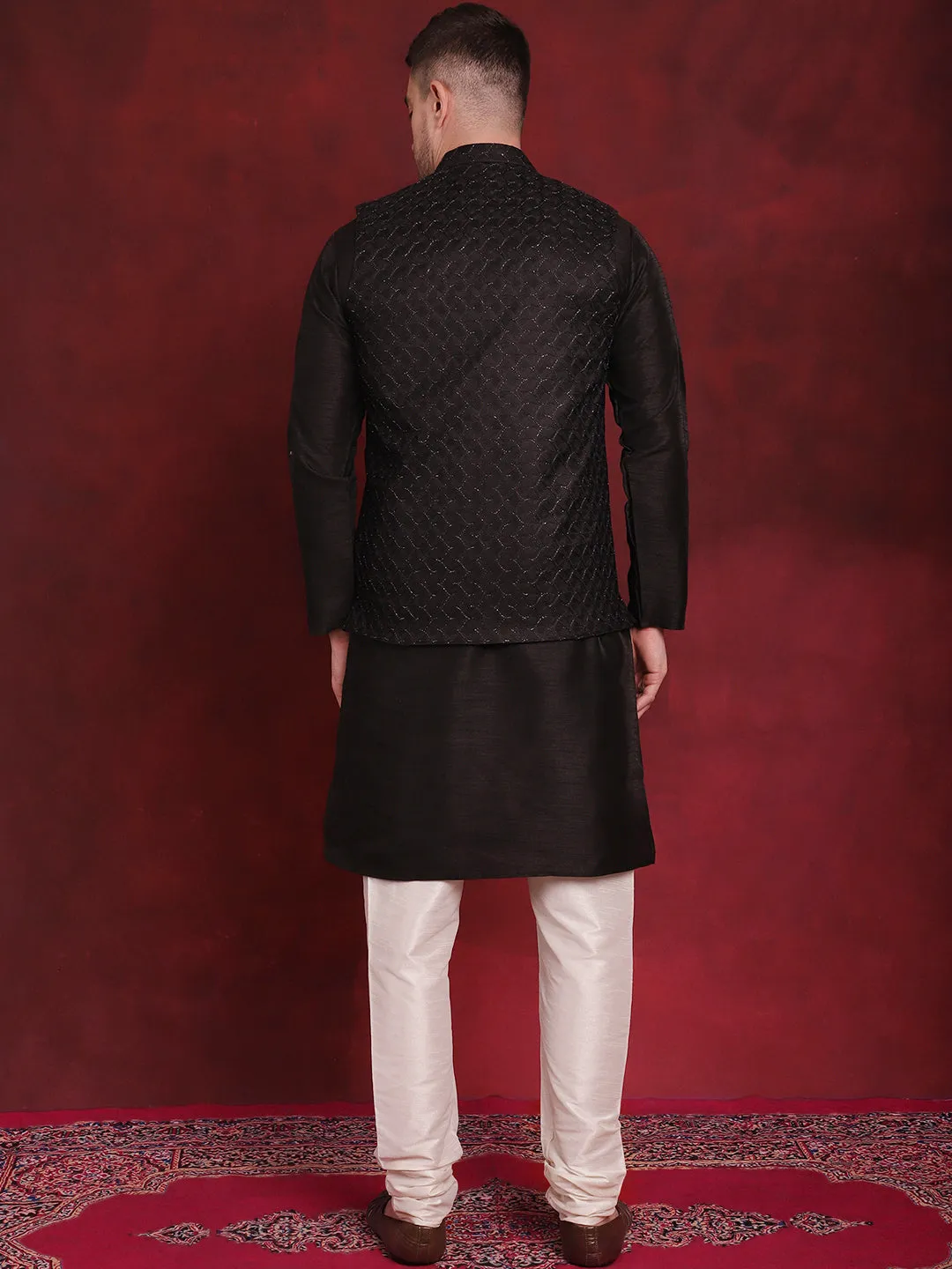 Black Woven Design Nehru Jacket With Kurta Pyjama Set