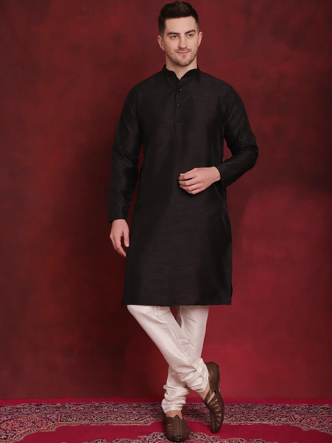 Black Woven Design Nehru Jacket With Kurta Pyjama Set