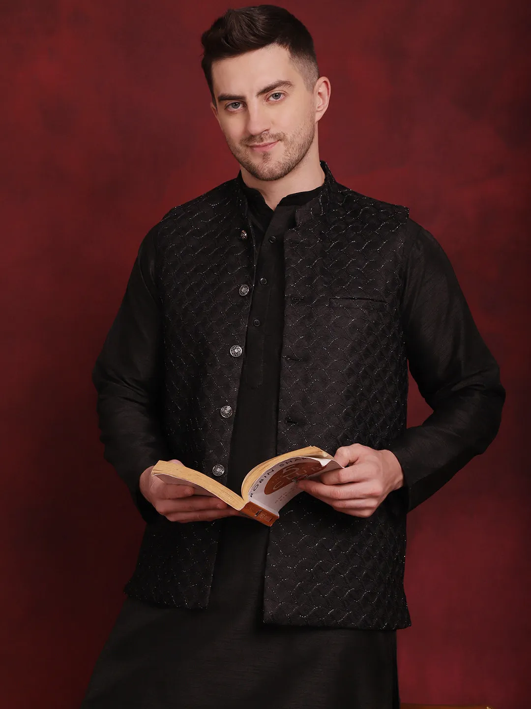 Black Woven Design Nehru Jacket With Kurta Pyjama Set