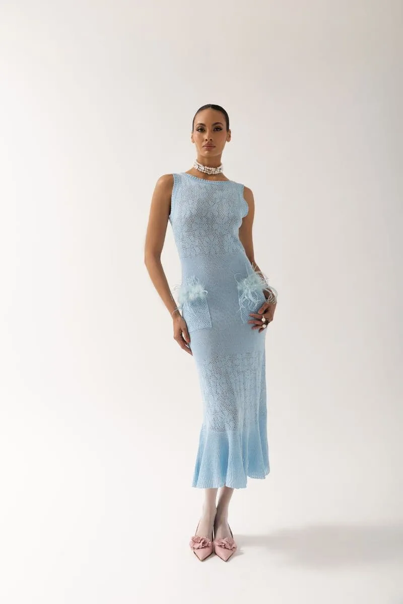 BLUE KNIT MIDI DRESS WITH FEATHERS