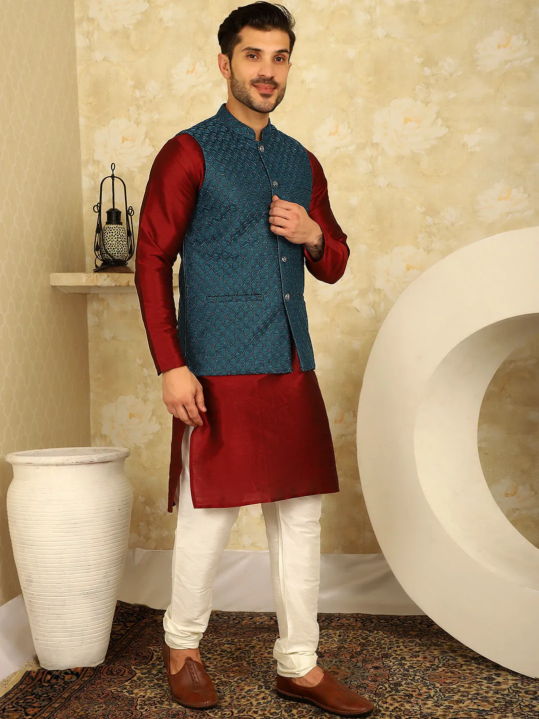 Blue Woven Design Nehru Jacket With Kurta Pyjama Set