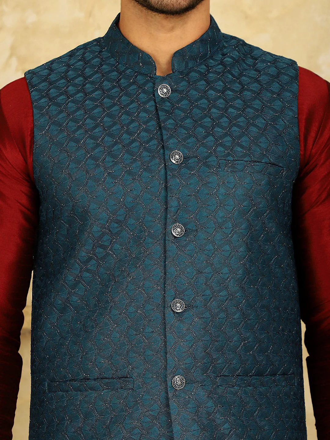 Blue Woven Design Nehru Jacket With Kurta Pyjama Set