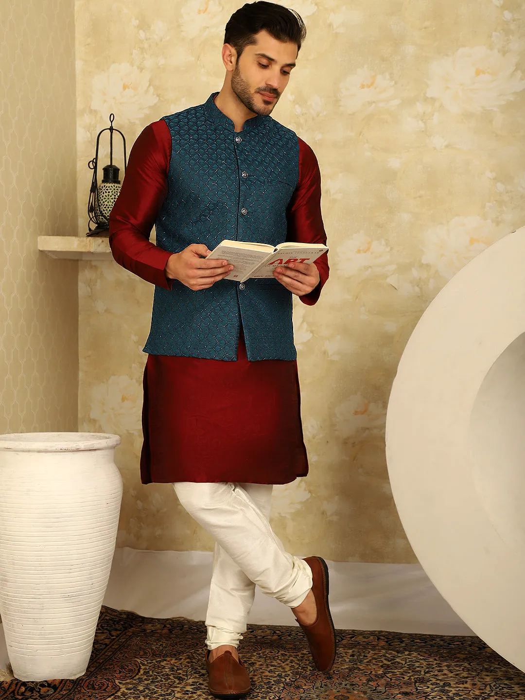 Blue Woven Design Nehru Jacket With Kurta Pyjama Set