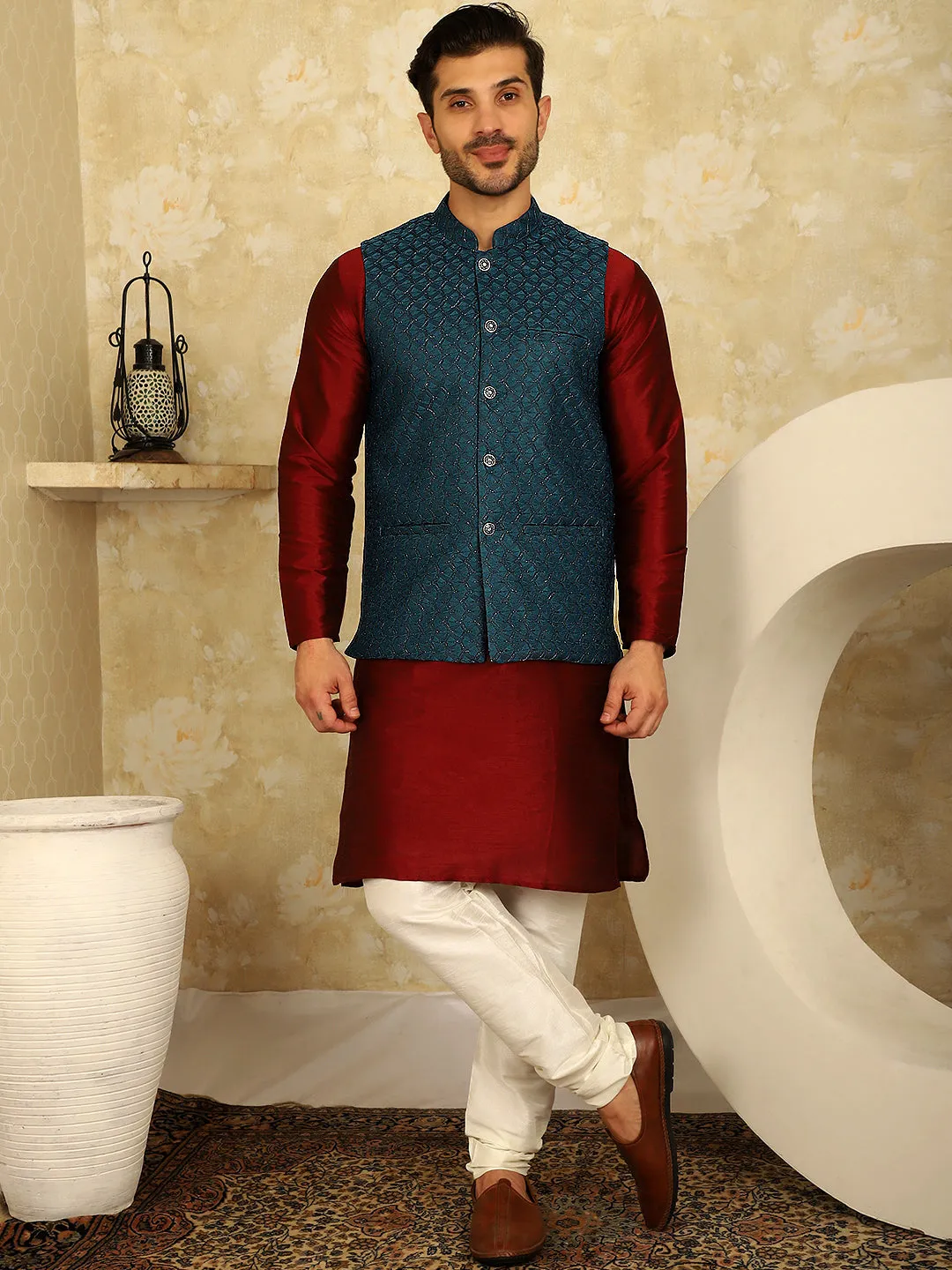 Blue Woven Design Nehru Jacket With Kurta Pyjama Set