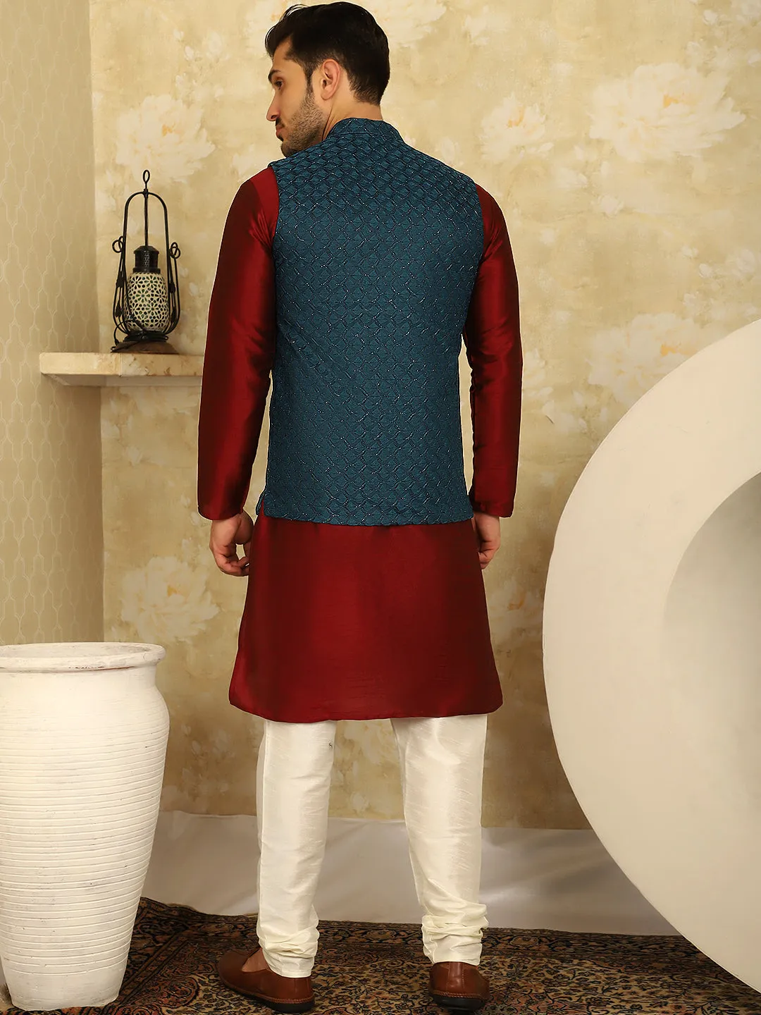 Blue Woven Design Nehru Jacket With Kurta Pyjama Set