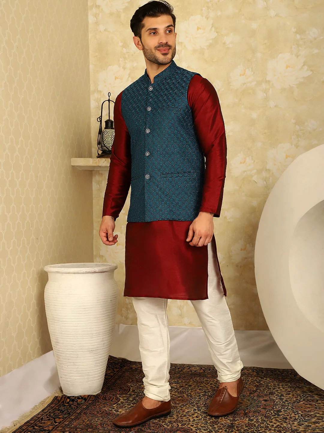 Blue Woven Design Nehru Jacket With Kurta Pyjama Set