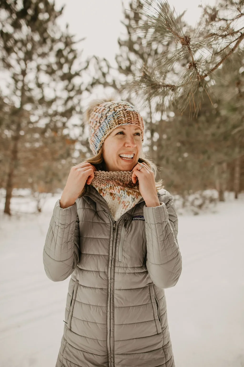 Blush Pink and Beige Merino Wool Fair Isle Hand Knit Cowl