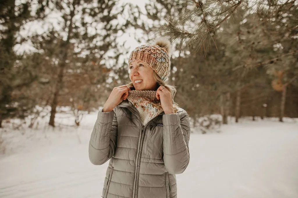 Blush Pink and Beige Merino Wool Fair Isle Hand Knit Cowl