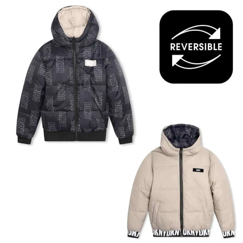 Boys Black & Beige Reversible Puffer Jacket