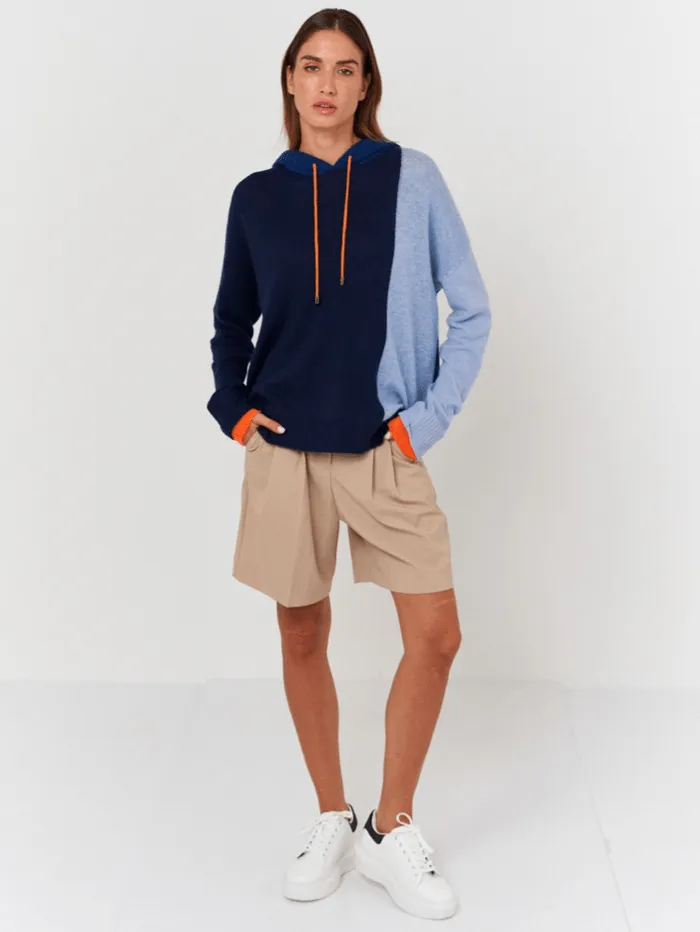 Brodie Cashmere Double Cuff Colour Block Navy Hoodie